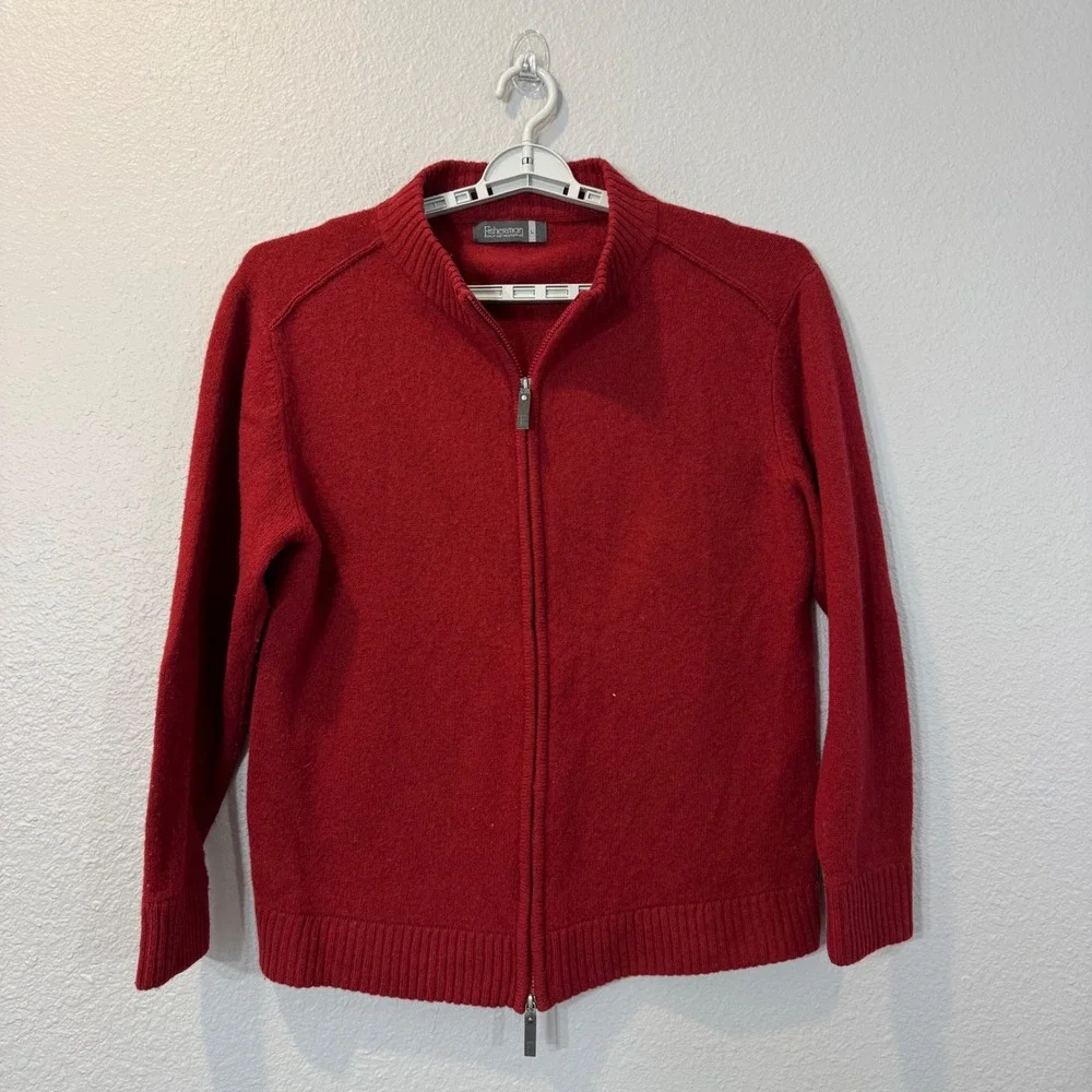 Fisherman Out of Ireland Men's Size L Red Lambswool Mock Neck Full Zip Sweater
